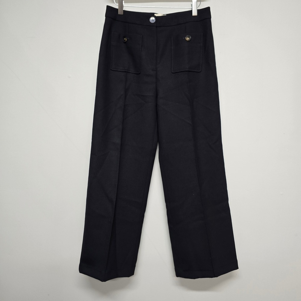 Sezane Wide Leg Pants Women 38 Black Wool Blend Patch Pocket Parisian Chic